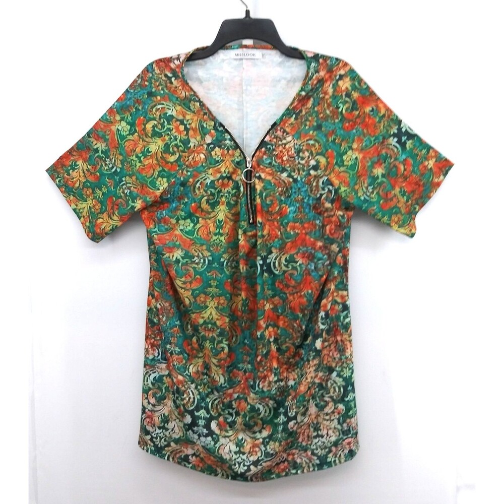 MissLook Shirt Women Plus Size 3XL Green Floral Short Sleeve 1/4 Zip Casual Top
